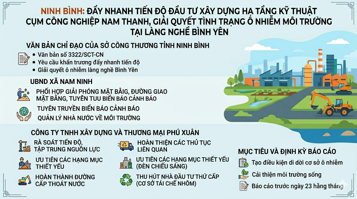 Ninh Bình: Đẩy nhanh xây dựng hạ tầng kỹ thuật Cụm công nghiệp Nam Thanh, giải quyết ô nhiễm tại làng nghề Bình Yên