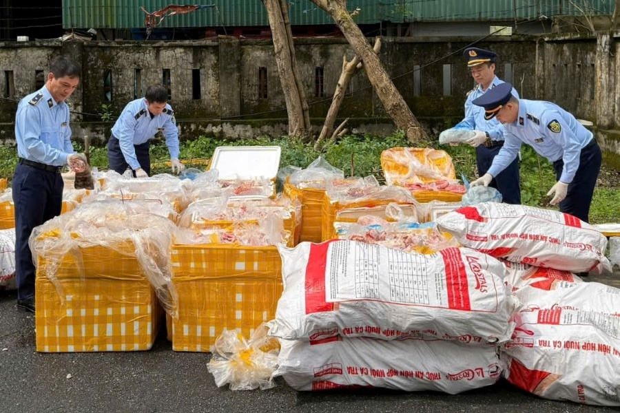 QLTT H&agrave; Tĩnh phối hợp với lực lượng chức năng bắt giữ v&agrave; ti&ecirc;u hủy gần 2,7 tấn thực phẩm động vật kh&ocirc;ng r&otilde; nguồn gốc v&agrave;o ng&agrave;y 10/3