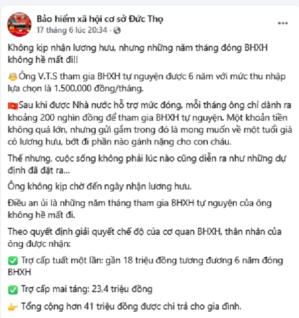 Bài viết đăng tải trên fanpage BHXH cơ sở Đức Thọ Bài viết đăng tải trên fanpage BHXH cơ sở Đức Thọ