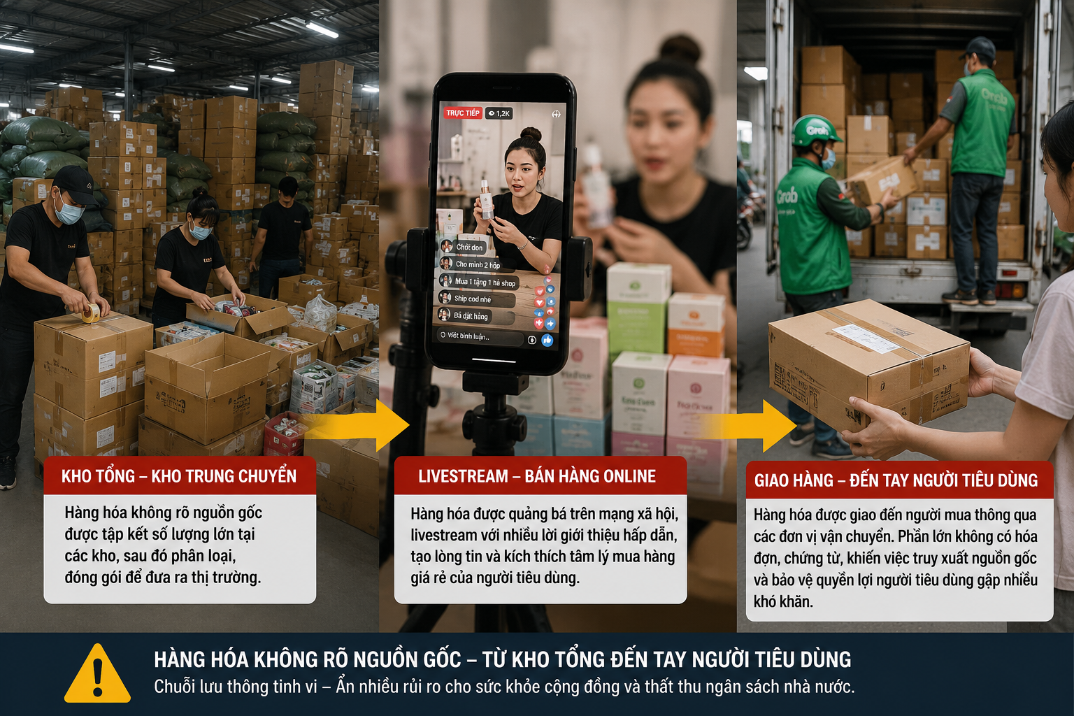 Hàng hóa không rõ nguồn gốc thường được tập kết tại các kho trung chuyển, sau đó chia nhỏ để tiêu thụ qua livestream và các nền tảng thương mại điện tử. (Ảnh minh họa) Hàng hóa không rõ nguồn gốc thường được tập kết tại các kho trung chuyển, sau đó chia nhỏ để tiêu thụ qua livestream và các nền tảng thương mại điện tử. (Ảnh minh họa)