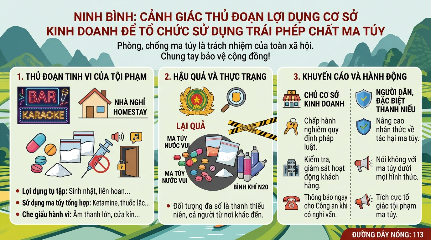 Ninh Bình: Cảnh giác thủ đoạn lợi dụng quán bar, karaoke, nhà nghỉ để tổ chức sử dụng trái phép chất ma túy