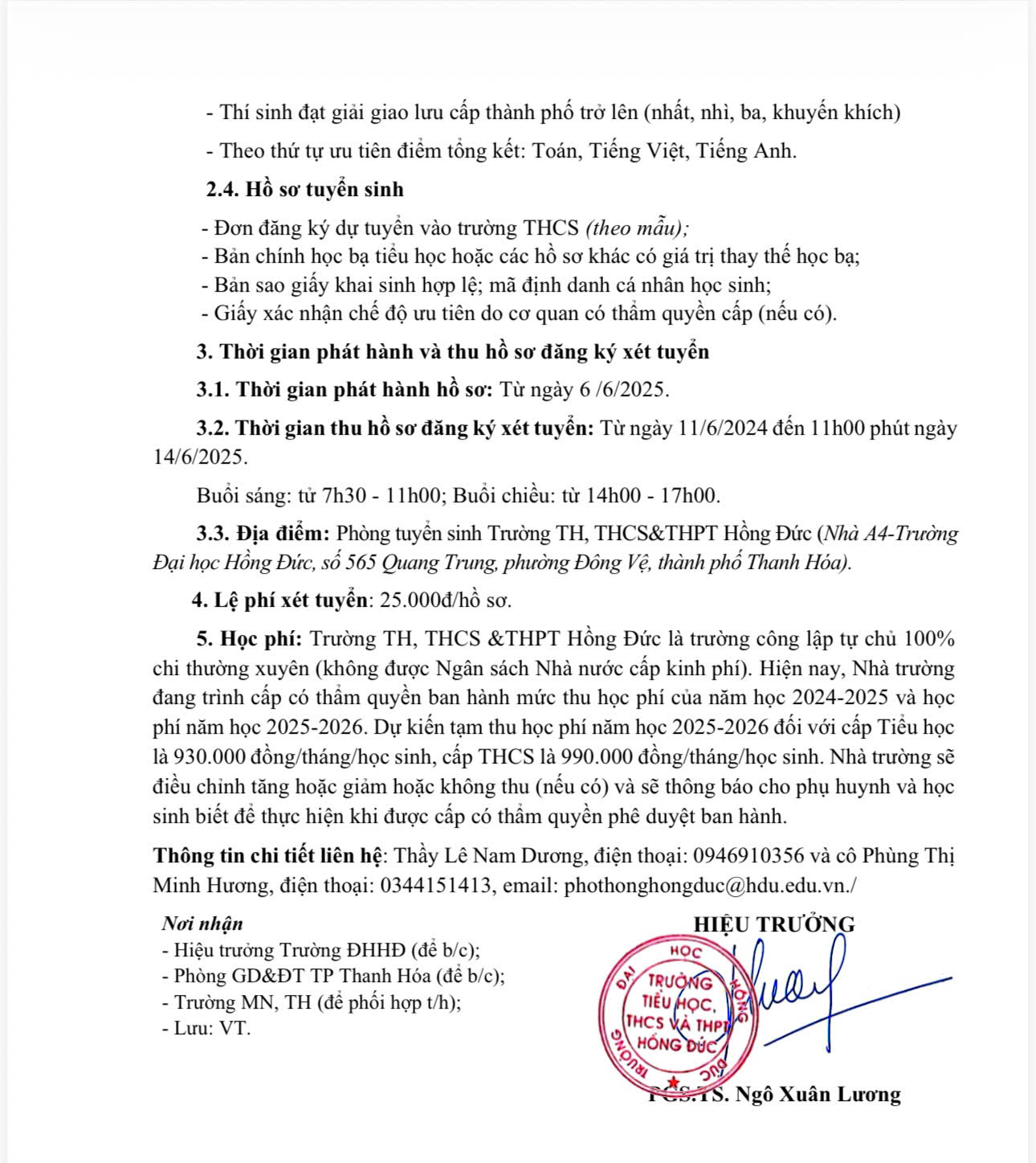 Ngay từ đầu năm học 2025-2026, Trường Tiểu học, Trung học cơ sở v&agrave; Trung học phổ th&ocirc;ng Hồng Đức đ&atilde; c&ocirc;ng khai dự kiến mức thu học ph&iacute; trong Kế hoạch tuyển sinh ng&agrave;y 10/4/2025 v&agrave; Th&ocirc;ng b&aacute;o tuyển sinh ng&agrave;y 17/5/2025 để phụ huynh v&agrave; học sinh được biết, chủ động trong việc lựa chọn v&agrave; chuẩn bị c&aacute;c điều kiện học tập