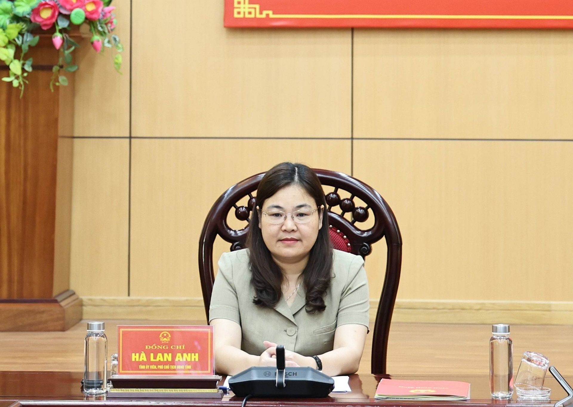 Tỉnh ủy vi&ecirc;n, Ph&oacute; Chủ tịch UBND tỉnh H&agrave; Lan Anh dự v&agrave; điều h&agrave;nh tại điểm cầu Ninh B&igrave;nh.