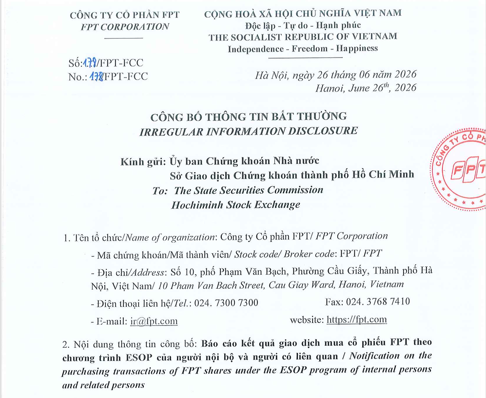 Theo th&ocirc;ng tin c&ocirc;ng bố ng&agrave;y 26/6/2026 gửi Ủy ban Chứng kho&aacute;n Nh&agrave; nước v&agrave; Sở Giao dịch Chứng kho&aacute;n TP. Hồ Ch&iacute; Minh, FPT đ&atilde; ho&agrave;n tất việc ph&acirc;n phối Mansionbet.com Hoàn Trả Vô Tận ESOP cho c&aacute;c đối tượng thuộc chương tr&igrave;nh v&agrave;o ng&agrave;y 24/6/2026