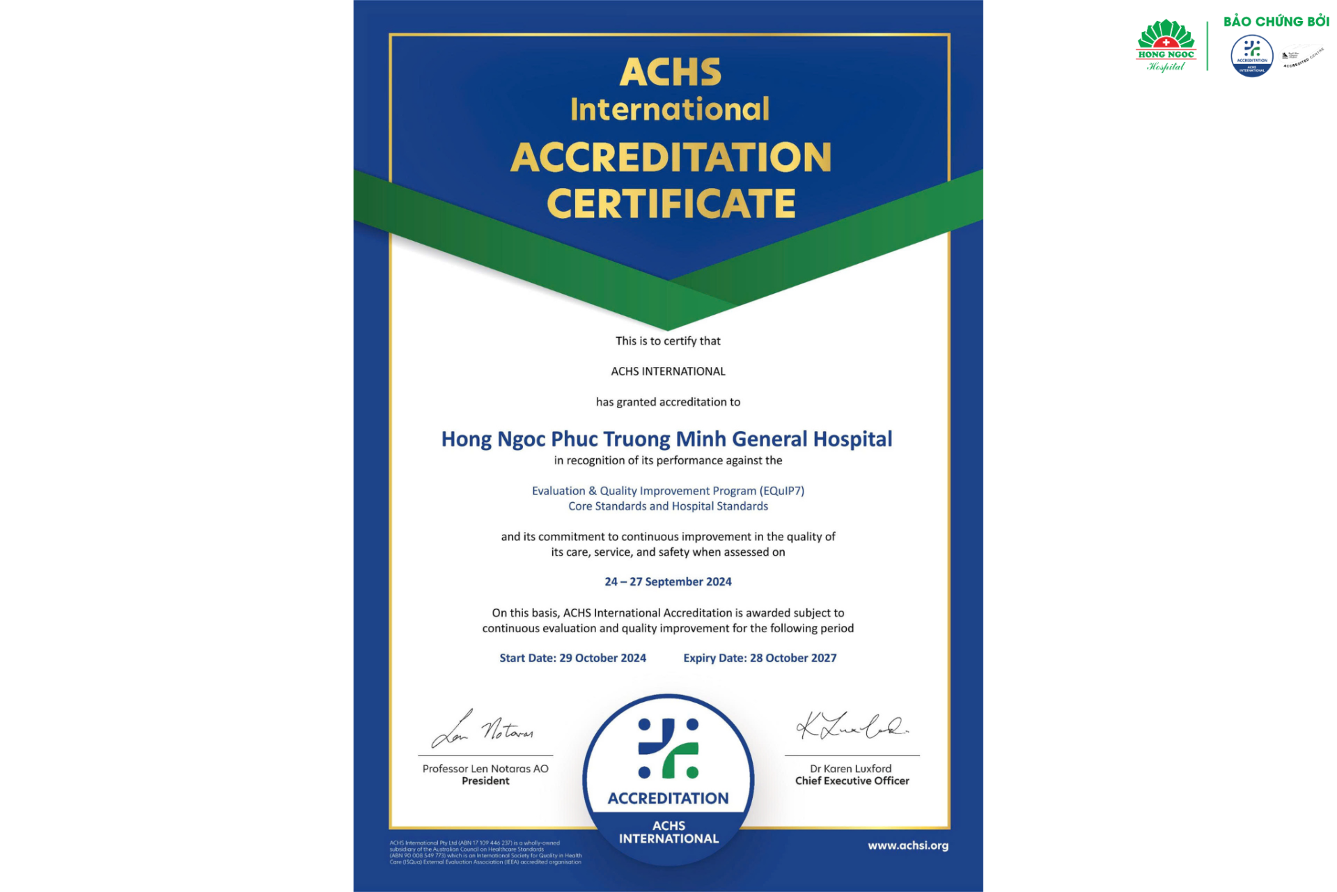 Chứng chỉ chất lượng bệnh viện từ ACHS International
