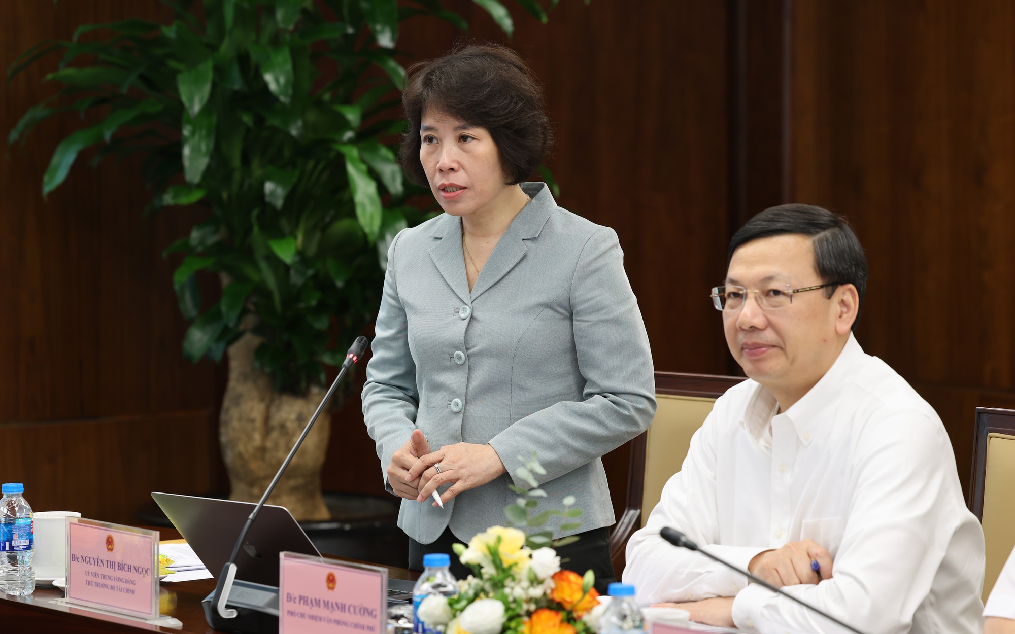 Thứ trưởng Bộ T&agrave;i ch&iacute;nh Nguyễn Thị B&iacute;ch Ngọc ph&aacute;t biểu tại cuộc họp.