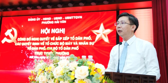 B&iacute; thư Đảng uỷ phường Hải V&acirc;n &ocirc;ng Ho&agrave;ng Thanh Ho&agrave; ph&aacute;t biểu.