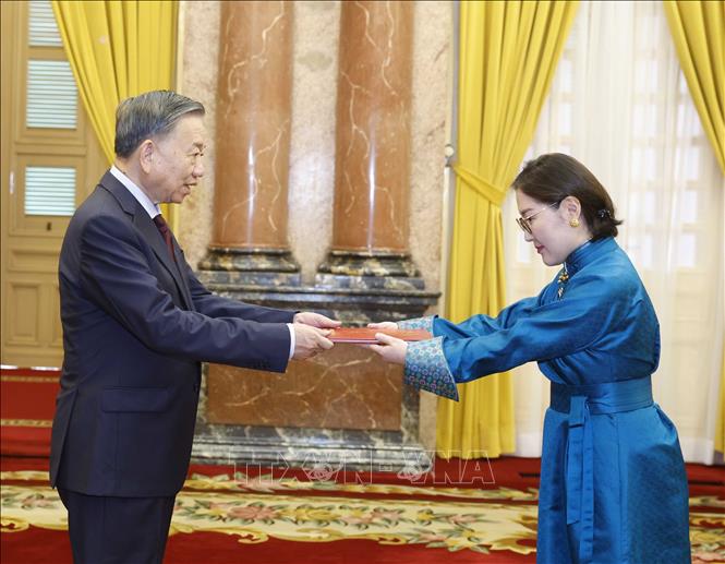 Tổng B&iacute; thư, Chủ tịch nước T&ocirc; L&acirc;m nhận Quốc thư từ Đại sứ M&ocirc;ng Cổ Hulan Ganbaatar. Ảnh: Thống Nhất/TTXVN
