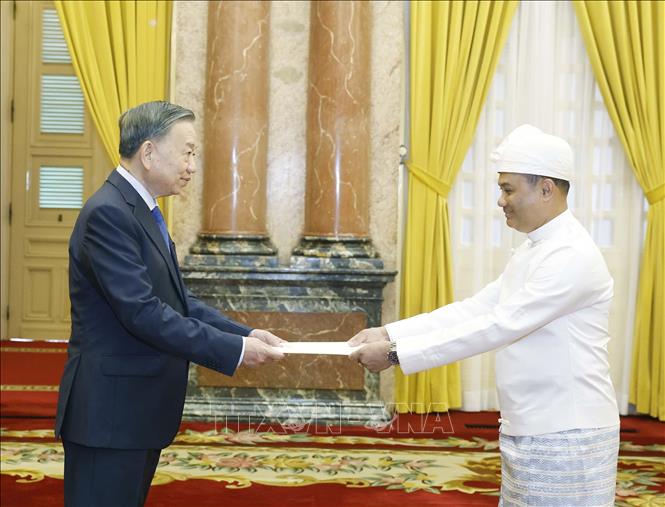 Tổng B&iacute; thư, Chủ tịch nước T&ocirc; L&acirc;m nhận Quốc thư từ Đại sứ Cộng h&ograve;a Li&ecirc;n bang Myanmar Wai Linn. Ảnh: Thống Nhất/TTXVN