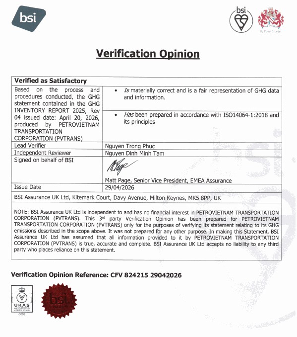 Giấy kiểm định độc lập của Tổ chức BSI đối với Báo cáo phát thải khí nhà kính năm 2025 của PVTrans Giấy kiểm định độc lập của Tổ chức BSI đối với Báo cáo phát thải khí nhà kính năm 2025 của PVTrans