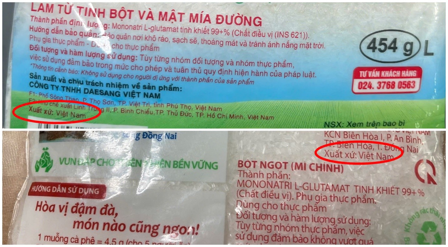 Một sản phẩm bột ngọt được sản xuất trực tiếp tại Việt Nam c&oacute; ghi Xuất xứ: Việt Nam tr&ecirc;n bao b&igrave;.