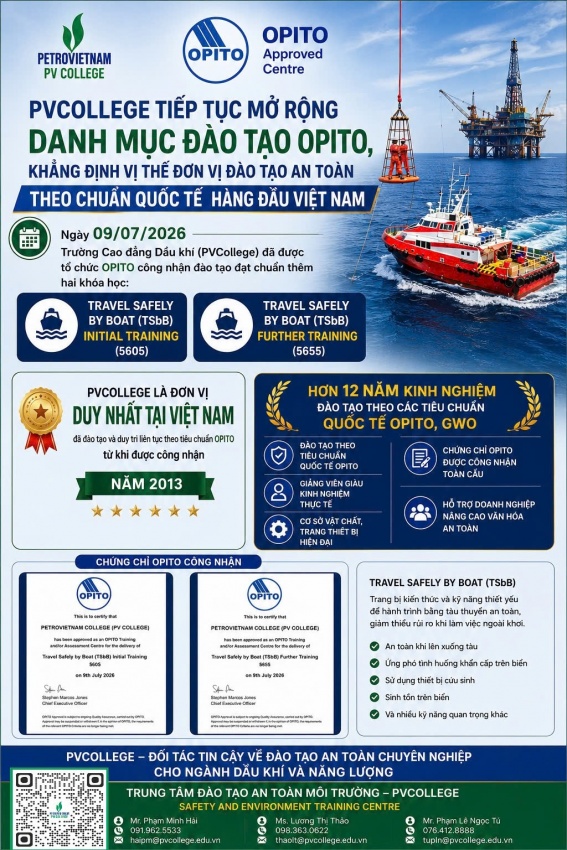 PVCollege được Tổ chức OPITO công nhận hai khóa học mới gồm: Travel Safely by Boat (TSbB) Initial Training (5605) và Travel Safely by Boat (TSbB) Further Training (5655) PVCollege được Tổ chức OPITO công nhận hai khóa học mới gồm: Travel Safely by Boat (TSbB) Initial Training (5605) và Travel Safely by Boat (TSbB) Further Training (5655)