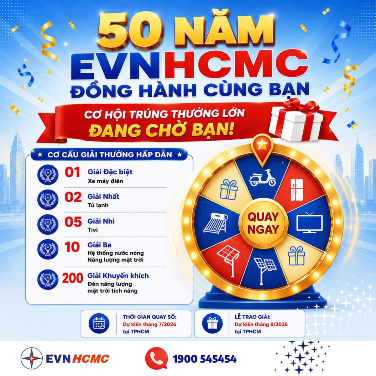 EVNHCMC tri ân khách hàng với chương trình quay số trúng thưởng mừng 50 năm đồng hành