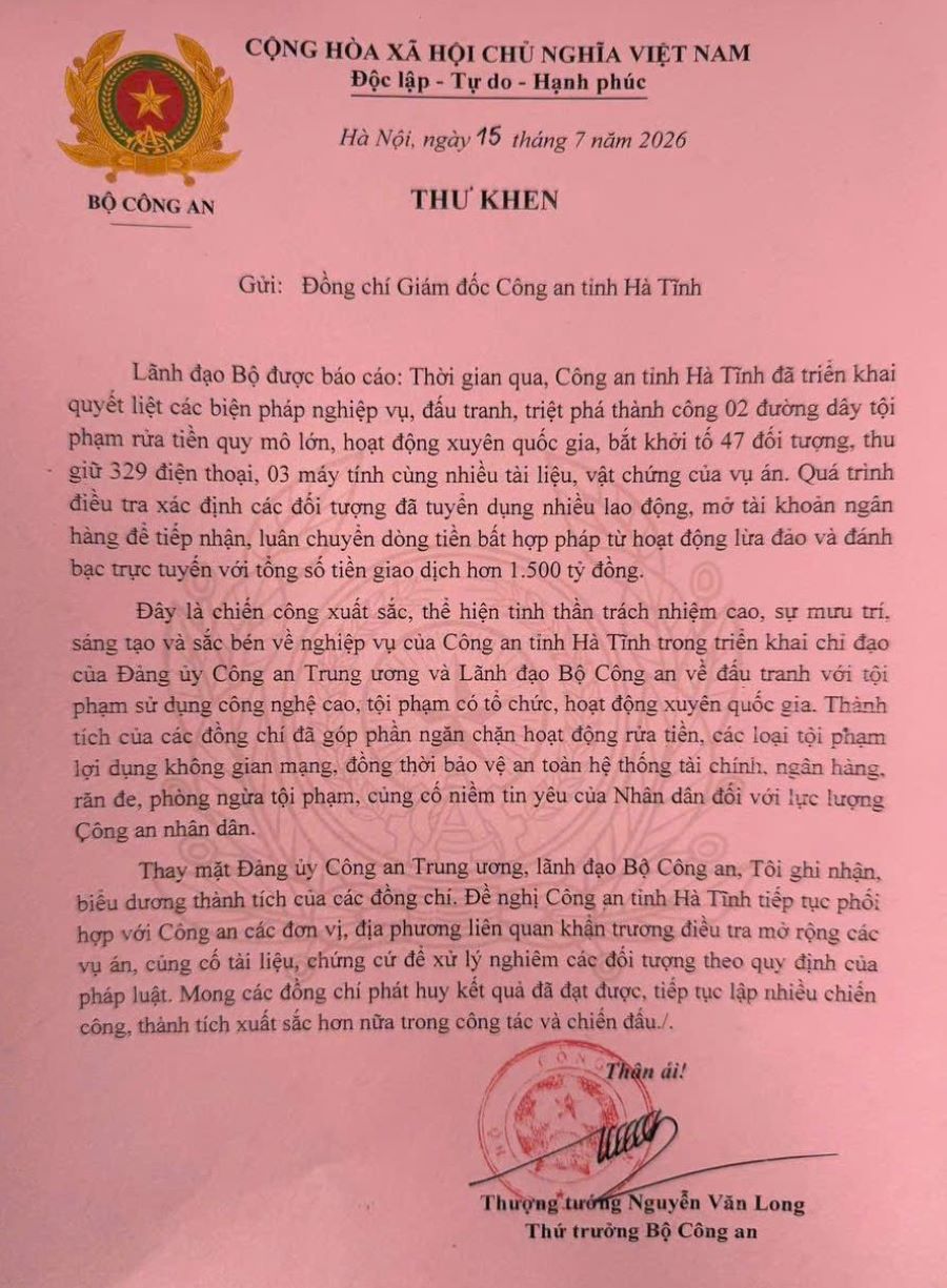 Thư khen của lãnh đạo Bộ Công an Thư khen của lãnh đạo Bộ Công an