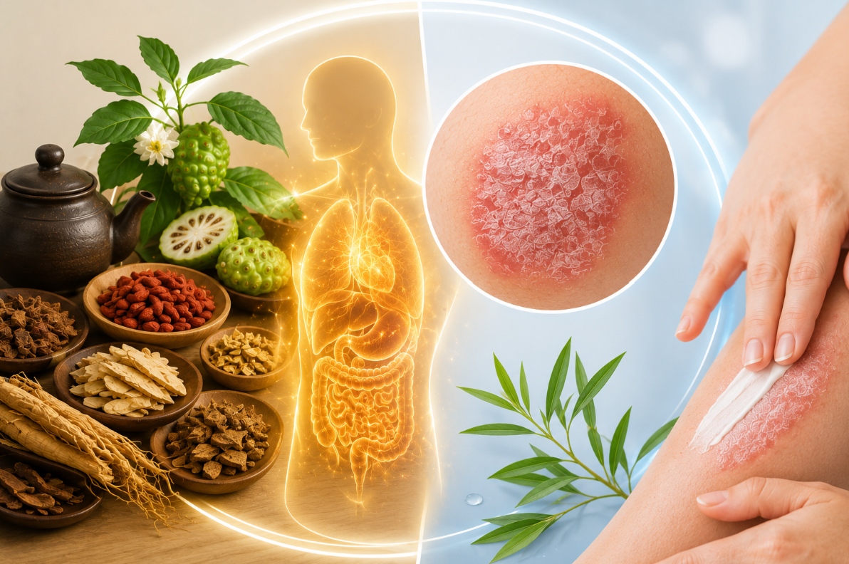 Theo Đ&ocirc;ng y, kiểm so&aacute;t vảy nến cần kết hợp điều h&ograve;a cơ thể từ b&ecirc;n trong v&agrave; chăm s&oacute;c tổn thương ngo&agrave;i da