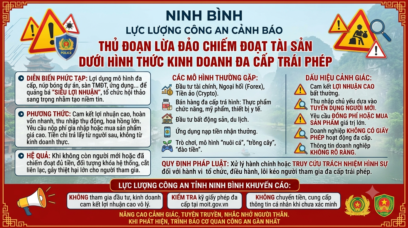 Ninh Bình: Cảnh báo thủ đoạn lừa đảo chiếm đoạt tài sản dưới hình thức kinh doanh đa cấp trái phép