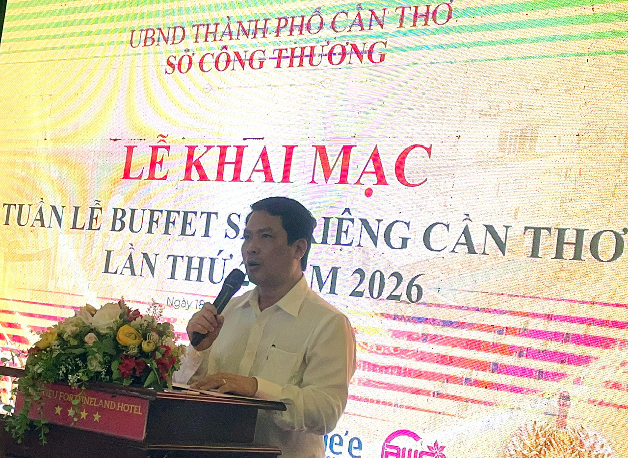 Ông Hà Vũ Sơn Giám đốc Sở Công Thương TP. Cần Thơ phát biểu khai mạc Tuần lễ Buffet Sầu riêng Cần Thơ lần thứ 2 năm 2026 Ông Hà Vũ Sơn Giám đốc Sở Công Thương TP. Cần Thơ phát biểu khai mạc Tuần lễ Buffet Sầu riêng Cần Thơ lần thứ 2 năm 2026