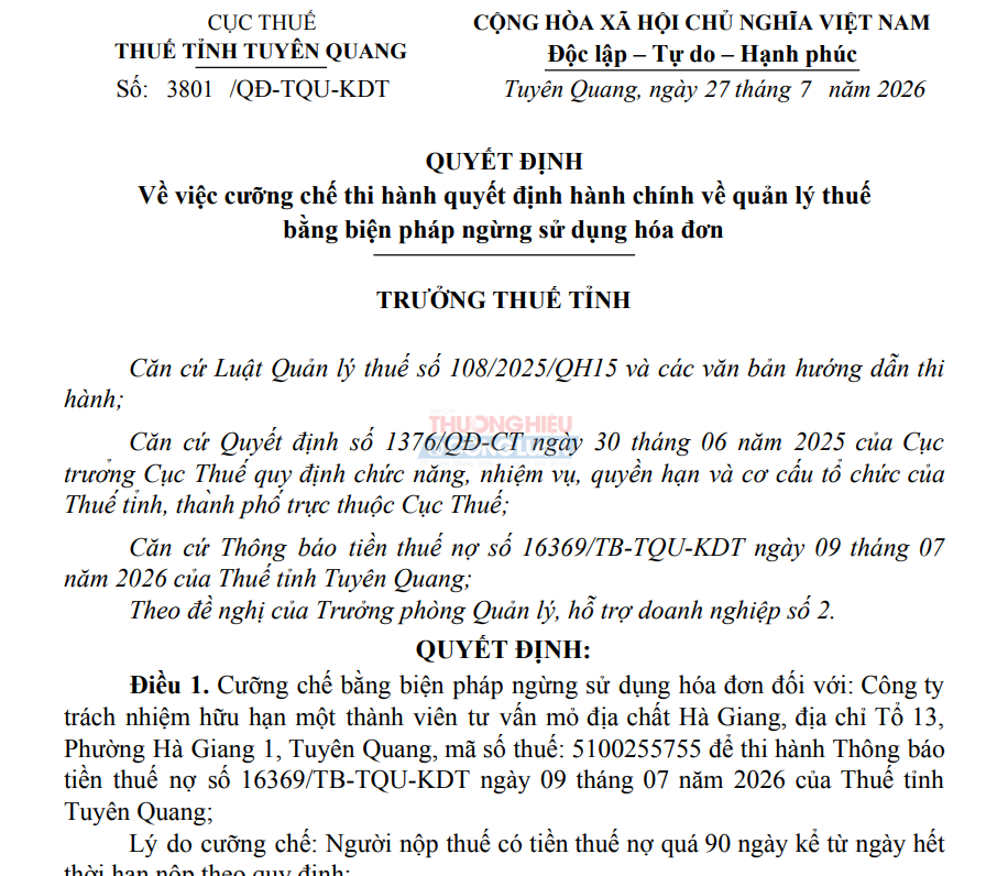 Một phần Quyết định số: 3810/QĐ-TQU-KDT của Thuế tỉnh Tuy&ecirc;n Quang. Ảnh: Tuấn Ngọc
