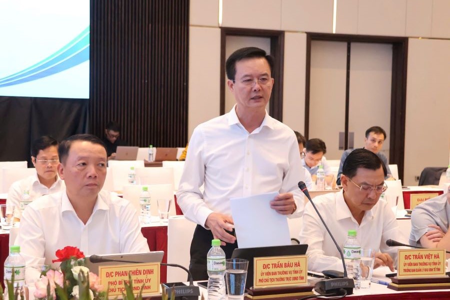 Ph&oacute; Chủ tịch Thường trực UBND tỉnh H&agrave; Tĩnh Trần B&aacute;u H&agrave; ph&aacute;t biểu tại buổi l&agrave;m việc