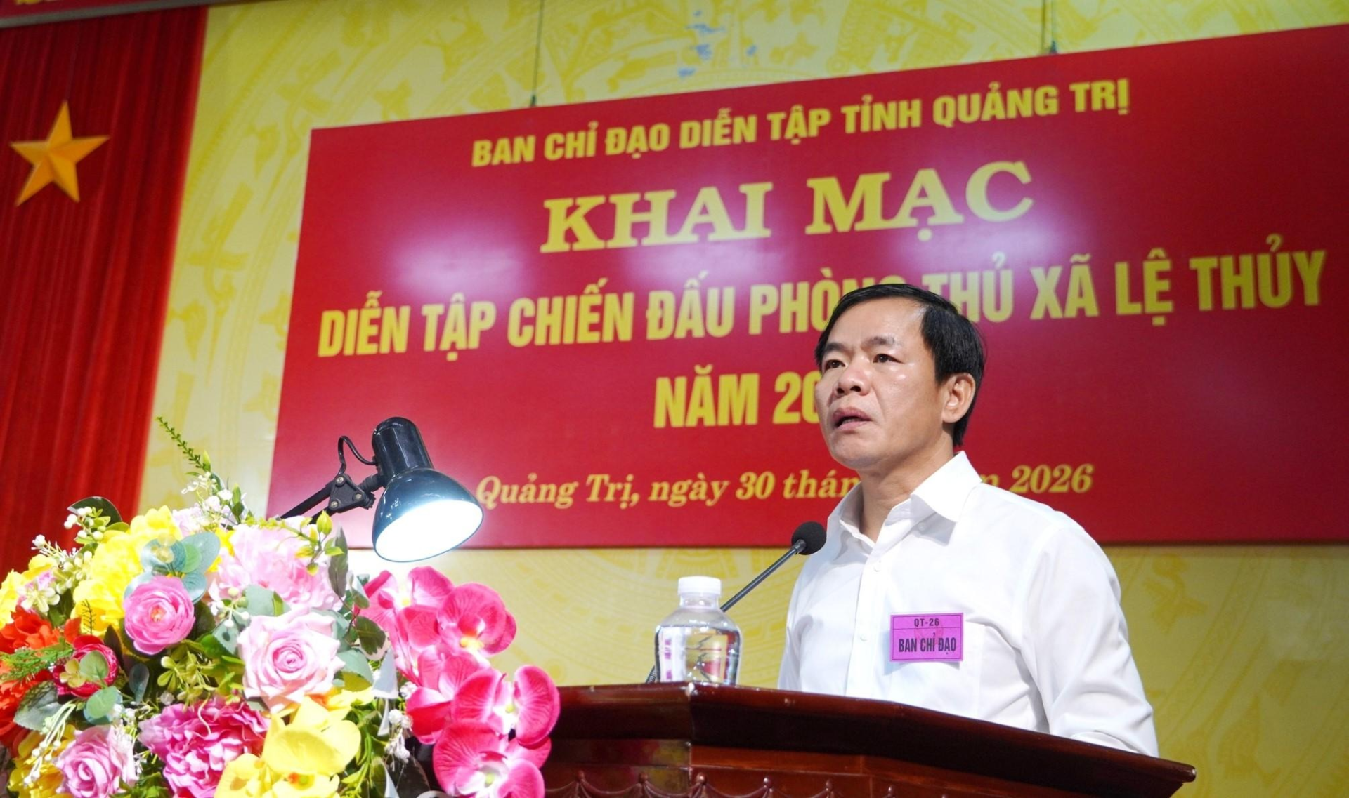 Đồng ch&iacute; Nguyễn Văn Phương, B&iacute; thư Tỉnh ủy, Trưởng ban Chỉ đạo ph&aacute;t biểu chỉ đạo khai mạc diễn tập - Ảnh:quangtri.gov.vn