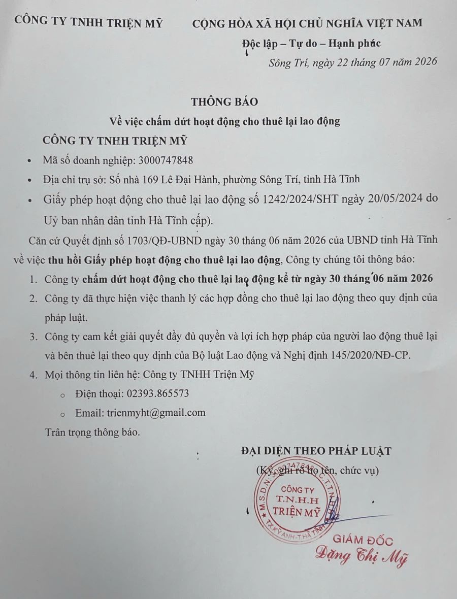 Thông báo về việc chấm dứt hoạt động cho thuê lại lao động