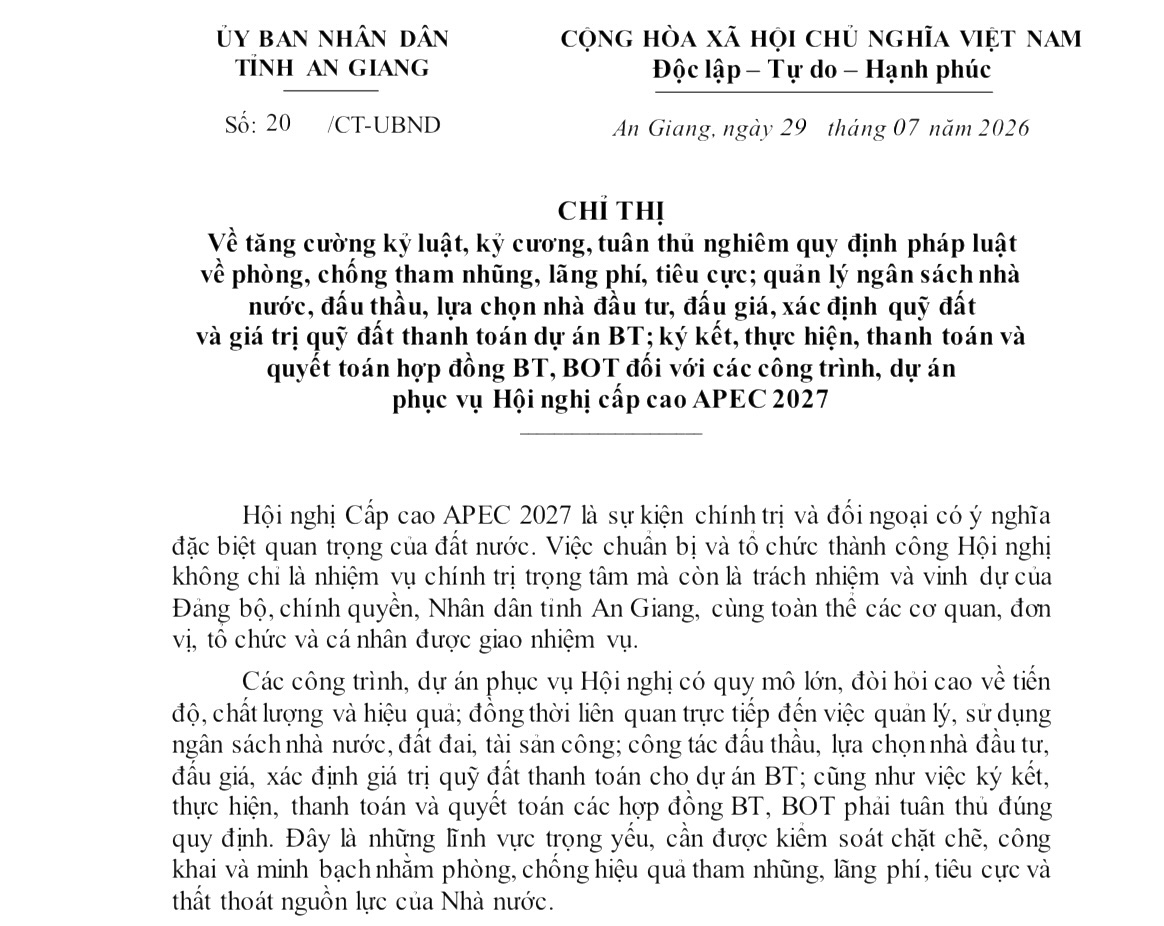 Chỉ thị 20 Chủ tịch UBND tỉnh An Giang...