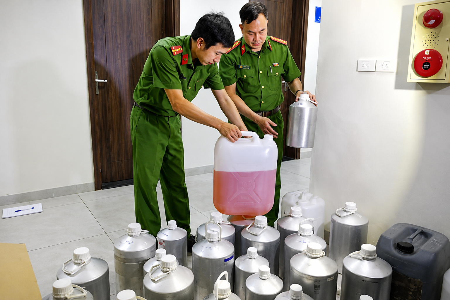 Những can hương liệu, nước hoa giả được các đối tượng dùng để sản xuất, sang chiết nước hoa thương hiệu giả. Những can hương liệu, nước hoa giả được các đối tượng dùng để sản xuất, sang chiết nước hoa thương hiệu giả.