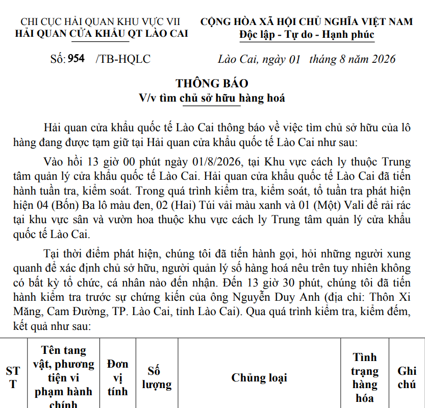 Một phần thông báo tìm chủ sở hữu lô hàng của Một phần thông báo tìm chủ sở hữu lô hàng của