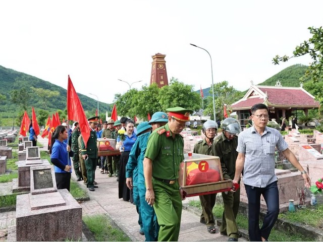 Đưa 8 hài cốt liệt sĩ từ Ngã ba Đồng Lộc về an táng cùng đồng đội. Đưa 8 hài cốt liệt sĩ từ Ngã ba Đồng Lộc về an táng cùng đồng đội.