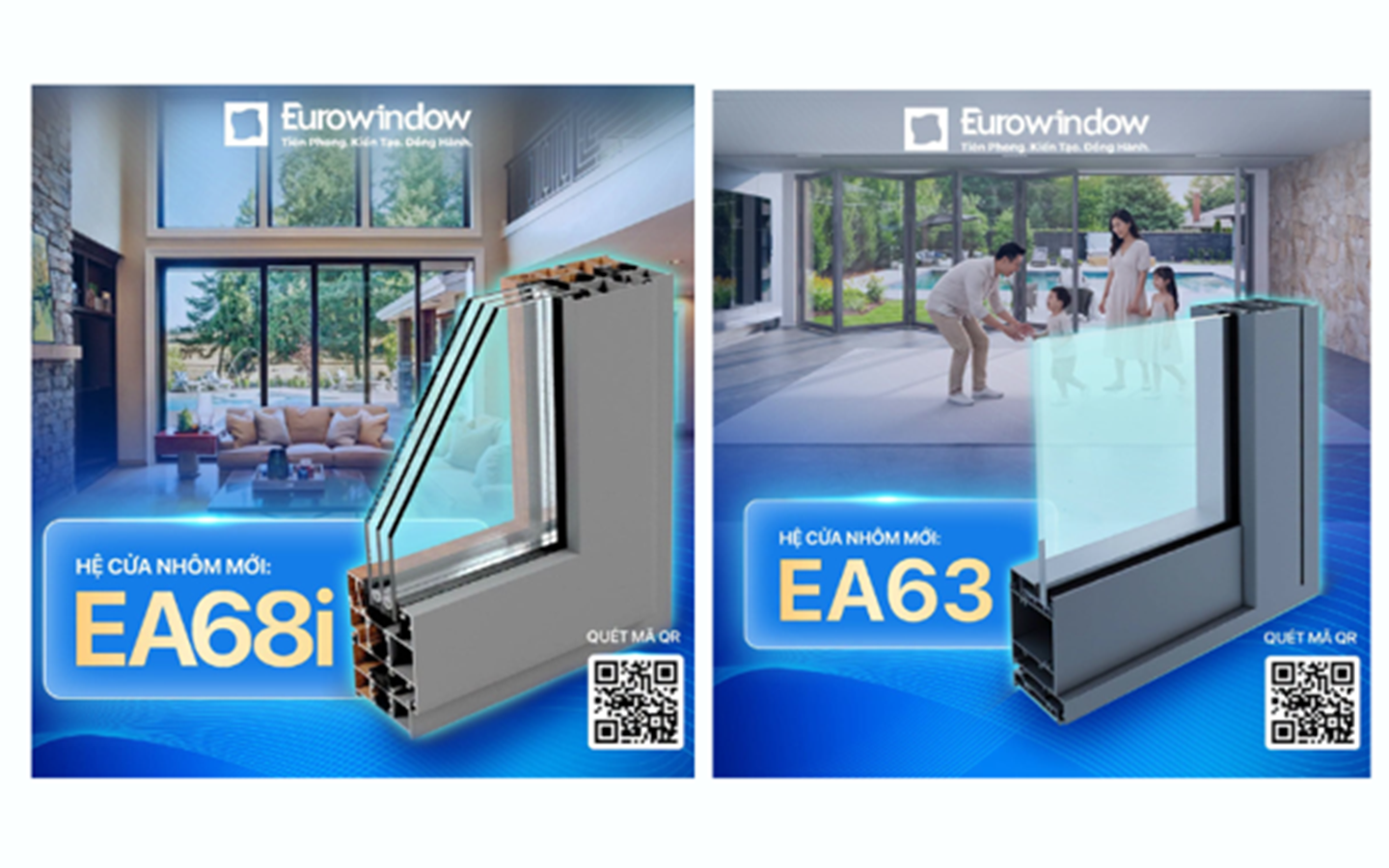 Cấu tạo mặt cắt hệ nh&ocirc;m kh&ocirc;ng cầu EA63 & hệ nh&ocirc;m c&oacute; cầu EA68i Eurowindow