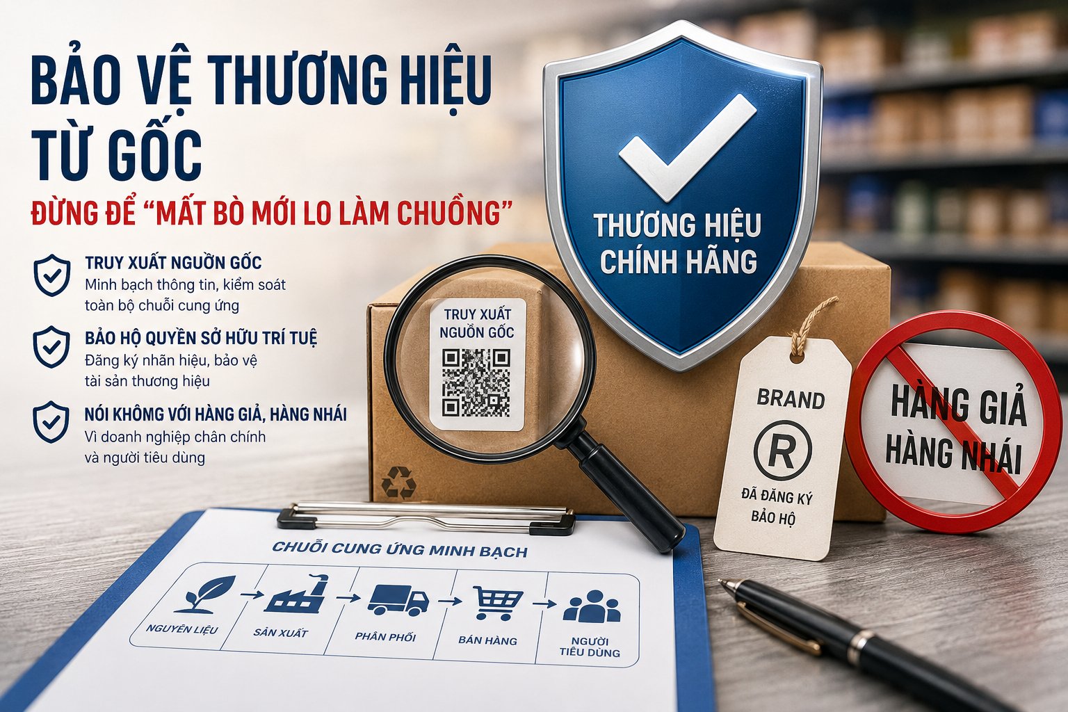 Bảo vệ thương hiệu cần được thực hiện từ sớm, kết hợp giữa bảo hộ quyền sở hữu tr&iacute; tuệ, kiểm so&aacute;t chất lượng, truy xuất nguồn gốc v&agrave; gi&aacute;m s&aacute;t thị trường. Ảnh AI