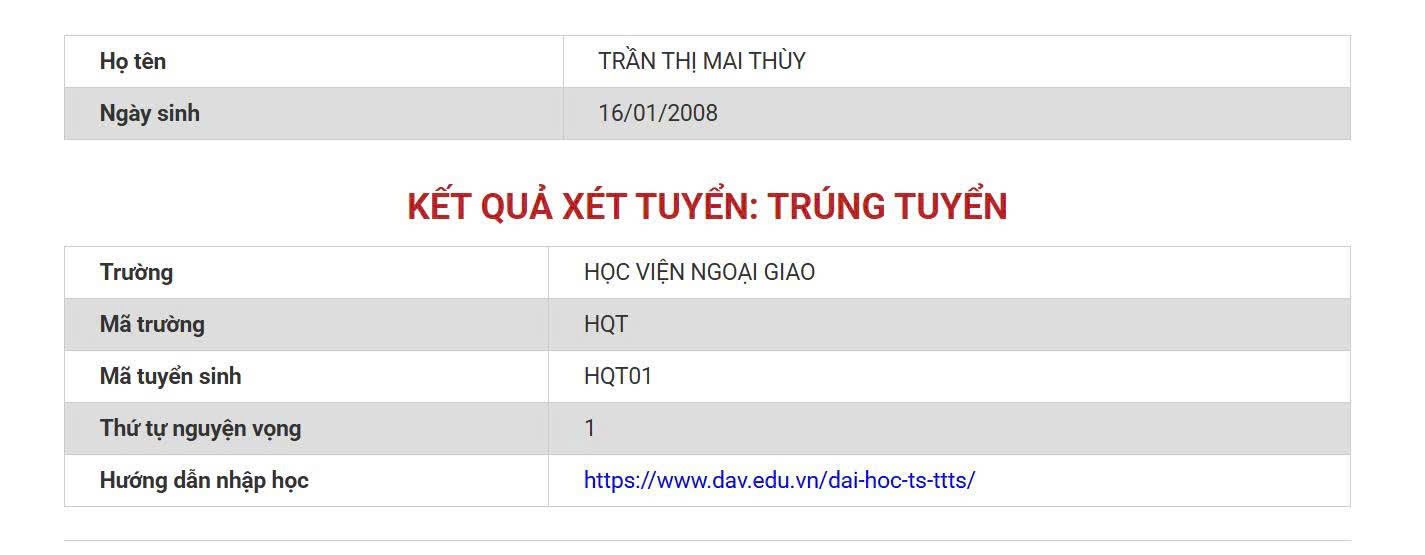 Thí sinh tra cứu kết quả trúng tuyển tại website Học viện Ngoại giao; hoặc nhóm xét tuyển miền bắc tại địa chỉ http://kqmb.hust.edu.vn/ từ 10 giờ sáng nay, ngày 10/8. Thí sinh tra cứu kết quả trúng tuyển tại website Học viện Ngoại giao; hoặc nhóm xét tuyển miền bắc tại địa chỉ http://kqmb.hust.edu.vn/ từ 10 giờ sáng nay, ngày 10/8.