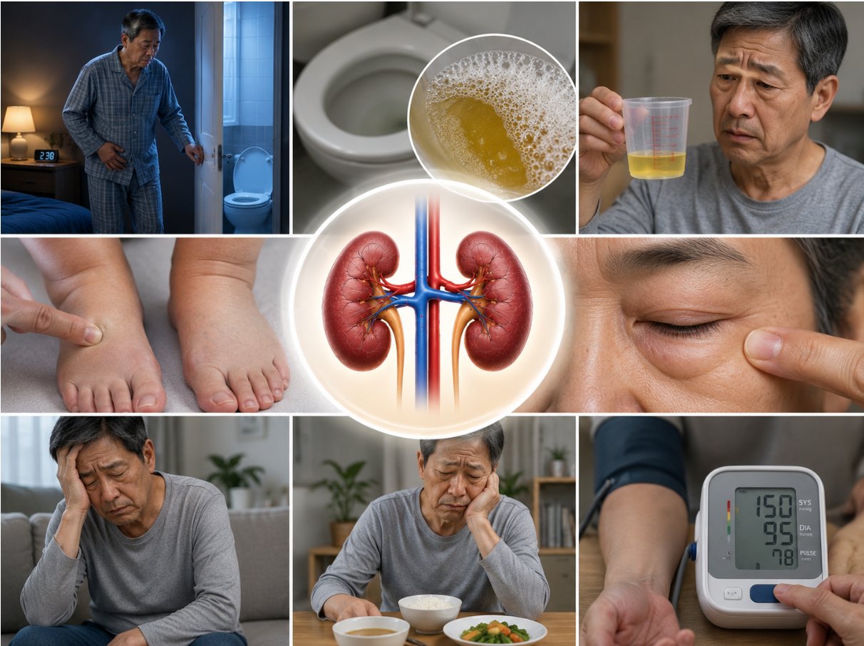 Tiểu đ&ecirc;m nhiều lần, tiểu bọt k&eacute;o d&agrave;i, tiểu &iacute;t, ph&ugrave; nhẹ, mệt mỏi, ch&aacute;n ăn, tăng huyết &aacute;p l&agrave; biểu hiện của người c&oacute; chức năng thận k&eacute;m