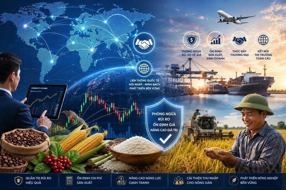 Việc x&acirc;y dựng Luật Giao dịch h&agrave;ng h&oacute;a ph&aacute;i sinh được kỳ vọng tạo h&agrave;nh lang ph&aacute;p l&yacute; đồng bộ, gi&uacute;p doanh nghiệp chủ động ph&ograve;ng ngừa rủi ro gi&aacute; v&agrave; tăng khả năng kết nối với thị trường h&agrave;ng h&oacute;a quốc tế. Ảnh AI