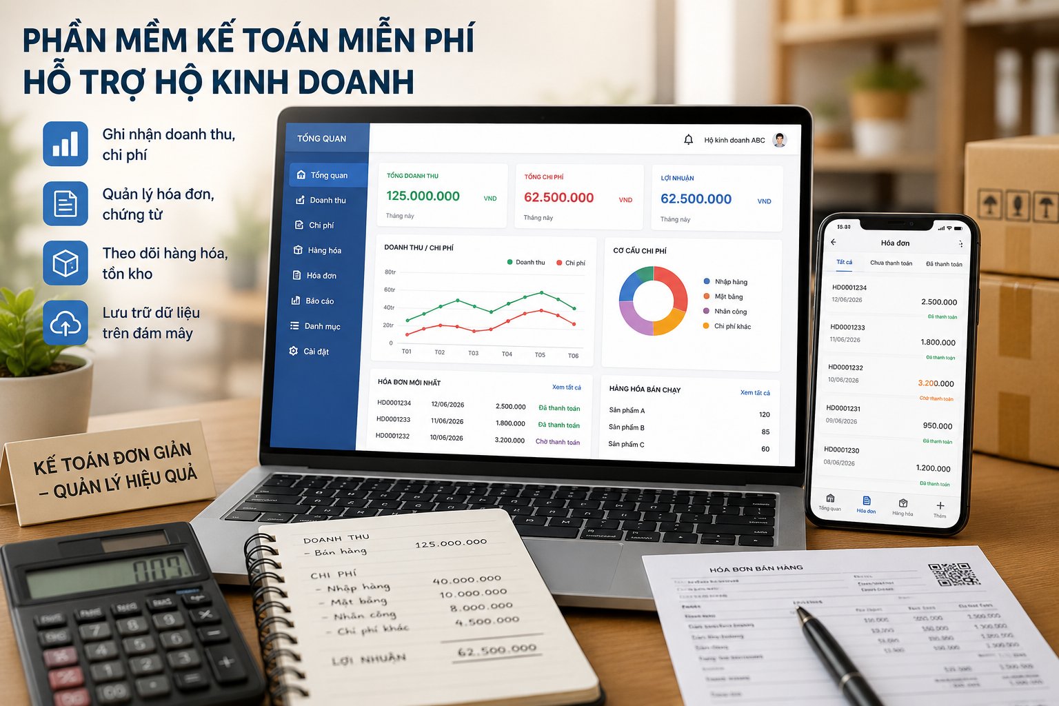Phần mềm kế to&aacute;n hỗ trợ hộ kinh doanh quản l&yacute; doanh thu, chi ph&iacute;, h&oacute;a đơn, h&agrave;ng h&oacute;a v&agrave; dữ liệu kế to&aacute;n. (Ảnh: minh hoạ)