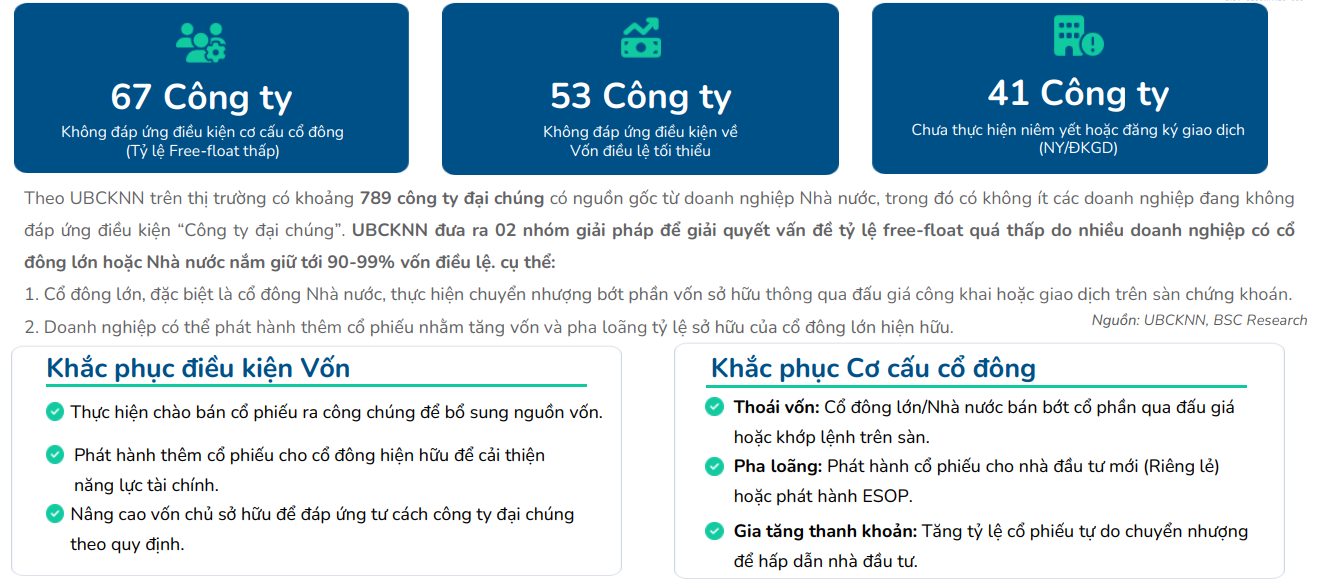 Theo UBCKNN v&agrave; BSC Research, thị trường c&oacute; khoảng 789 c&ocirc;ng ty đại ch&uacute;ng c&oacute; nguồn gốc từ doanh nghiệp Nh&agrave; nước, trong đ&oacute; một số doanh nghiệp chưa đ&aacute;p ứng c&aacute;c điều kiện về cơ cấu cổ đ&ocirc;ng, vốn điều lệ hoặc ni&ecirc;m yết, đăng k&yacute; giao dịch.