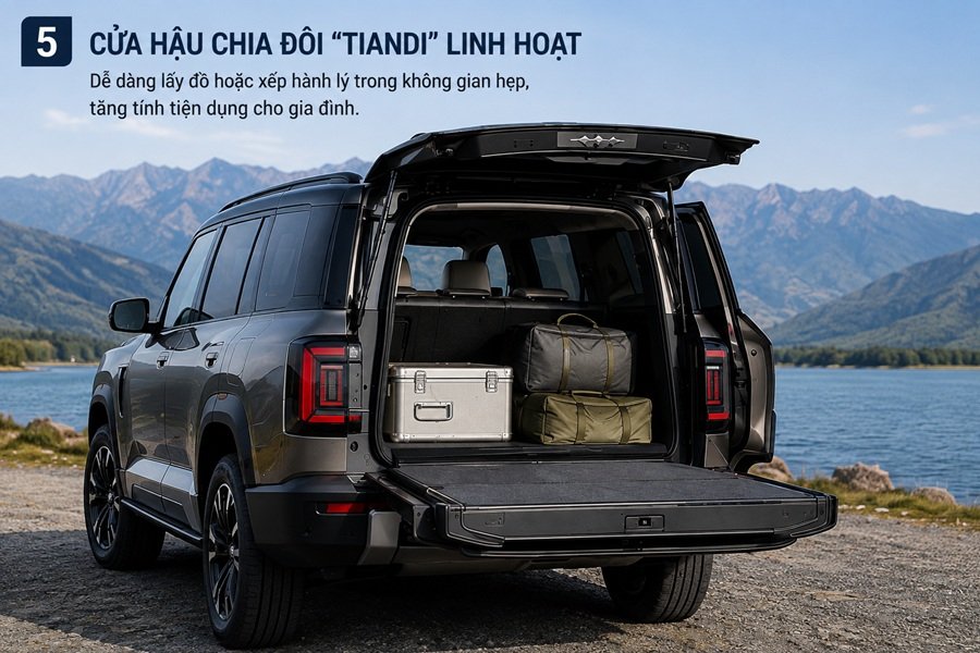 Cửa hậu chia đôi Tiandi tăng tính linh hoạt khi lấy hoặc xếp hành lý. Cửa hậu chia đôi Tiandi tăng tính linh hoạt khi lấy hoặc xếp hành lý.