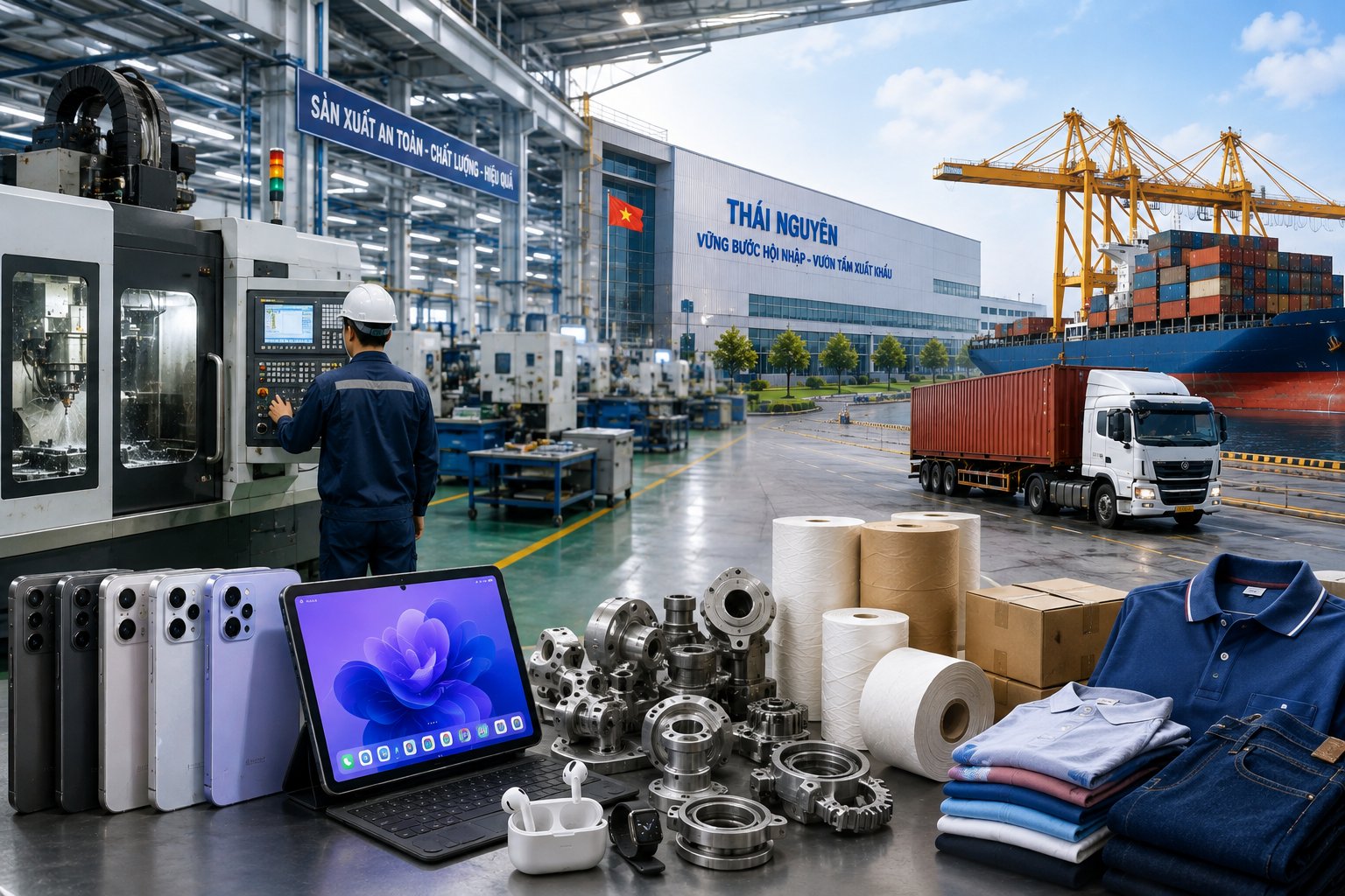 Hoạt động sản xuất công nghiệp tại Thái Nguyên duy trì đà tăng trưởng, tạo nền tảng để doanh nghiệp mở rộng năng lực xuất khẩu và tham gia sâu hơn vào chuỗi cung ứng. Ảnh AI Hoạt động sản xuất công nghiệp tại Thái Nguyên duy trì đà tăng trưởng, tạo nền tảng để doanh nghiệp mở rộng năng lực xuất khẩu và tham gia sâu hơn vào chuỗi cung ứng. Ảnh AI