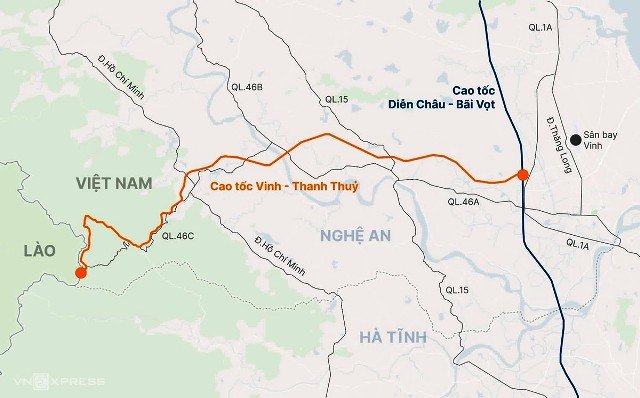 Hướng tuyến cao tốc Vinh - Thanh Thủy. Đồ họa: Khánh Ly Hướng tuyến cao tốc Vinh - Thanh Thủy. Đồ họa: Khánh Ly