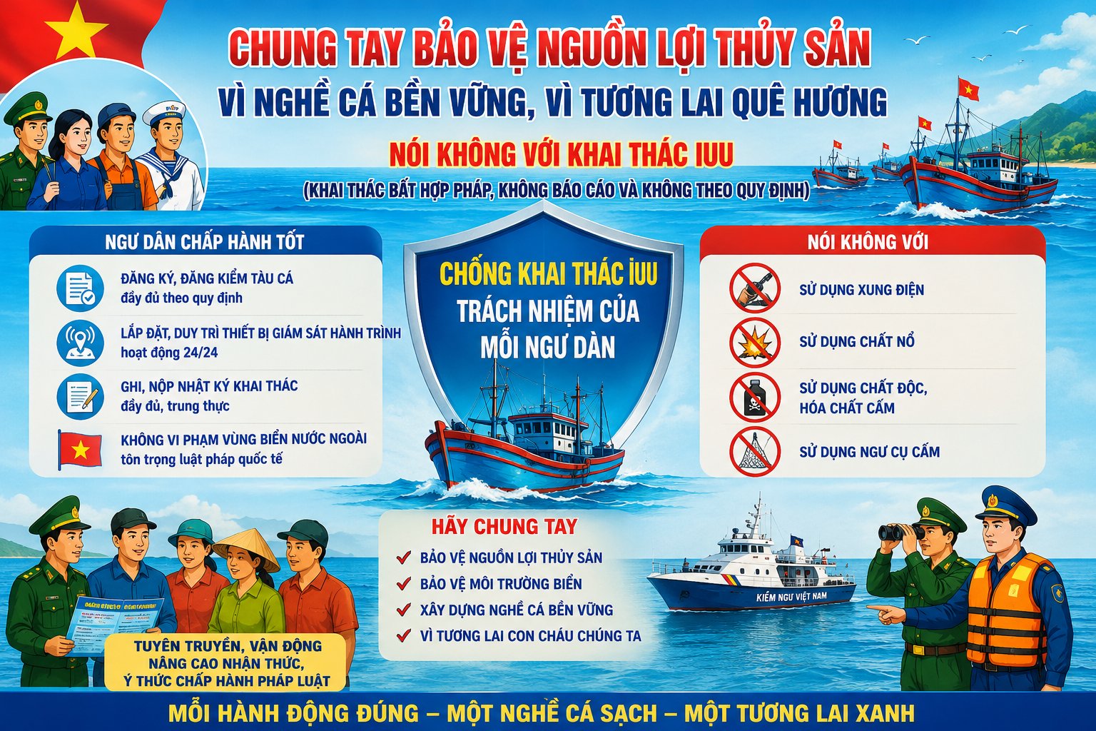 Tăng cường kiểm soát tàu cá, giám sát hành trình và truy xuất nguồn gốc là những nhiệm vụ trọng tâm nhằm ngăn chặn khai thác IUU, nâng cao tính minh bạch và hướng tới mục tiêu gỡ “Thẻ vàng” của EC trong năm 2026. Ảnh AI Tăng cường kiểm soát tàu cá, giám sát hành trình và truy xuất nguồn gốc là những nhiệm vụ trọng tâm nhằm ngăn chặn khai thác IUU, nâng cao tính minh bạch và hướng tới mục tiêu gỡ “Thẻ vàng” của EC trong năm 2026. Ảnh AI