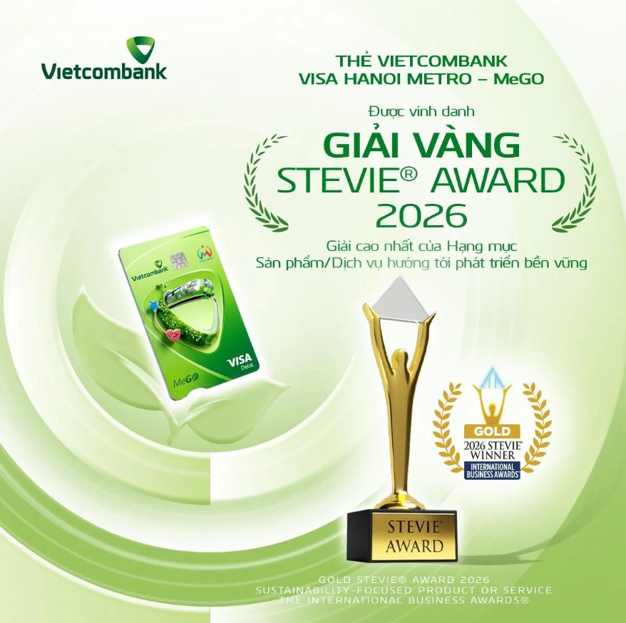 Thẻ MeGO - sản phẩm duy nhất được vinh danh tại hạng mục Sustainability-Focused Product or Service, Gold Stevie® Award 2026. Ảnh: VCB Thẻ MeGO - sản phẩm duy nhất được vinh danh tại hạng mục Sustainability-Focused Product or Service, Gold Stevie® Award 2026. Ảnh: VCB