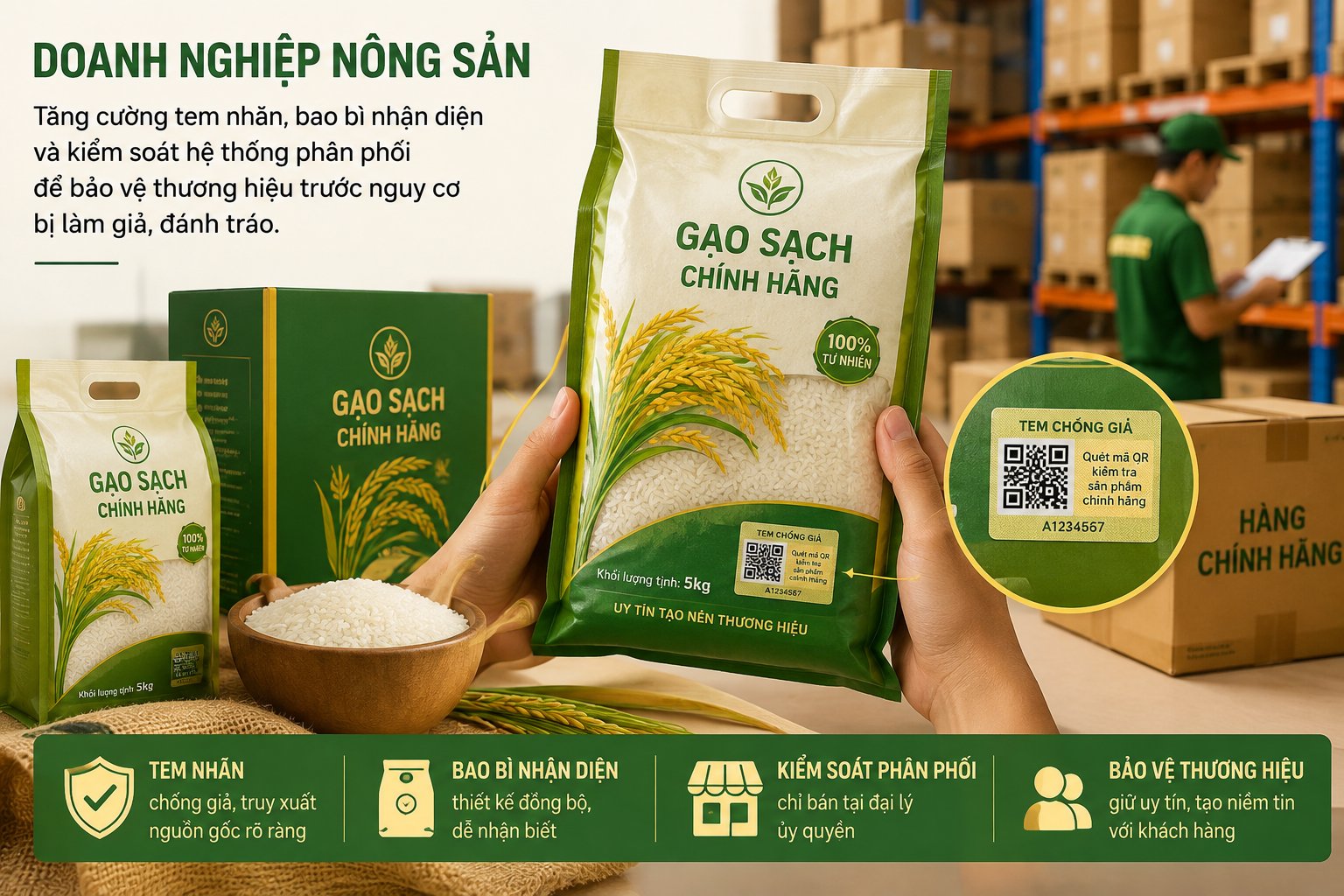 Doanh nghiệp n&ocirc;ng sản phải tăng cường tem nh&atilde;n, bao b&igrave; nhận diện v&agrave; kiểm so&aacute;t hệ thống ph&acirc;n phối để bảo vệ thương hiệu trước nguy cơ bị l&agrave;m giả, đ&aacute;nh tr&aacute;o. Ảnh AI
