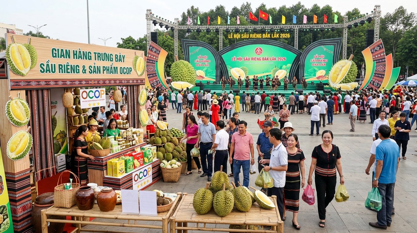 Khu trưng b&agrave;y 400 gian h&agrave;ng tại Lễ hội Sầu ri&ecirc;ng Đắk Lắk năm 2026 quy tụ nhiều doanh nghiệp, hợp t&aacute;c x&atilde; v&agrave; đối t&aacute;c trong nước, quốc tế, tạo kh&ocirc;ng gian quảng b&aacute; sản phẩm v&agrave; kết nối giao thương. Ảnh Buon Ma Thuot Portal