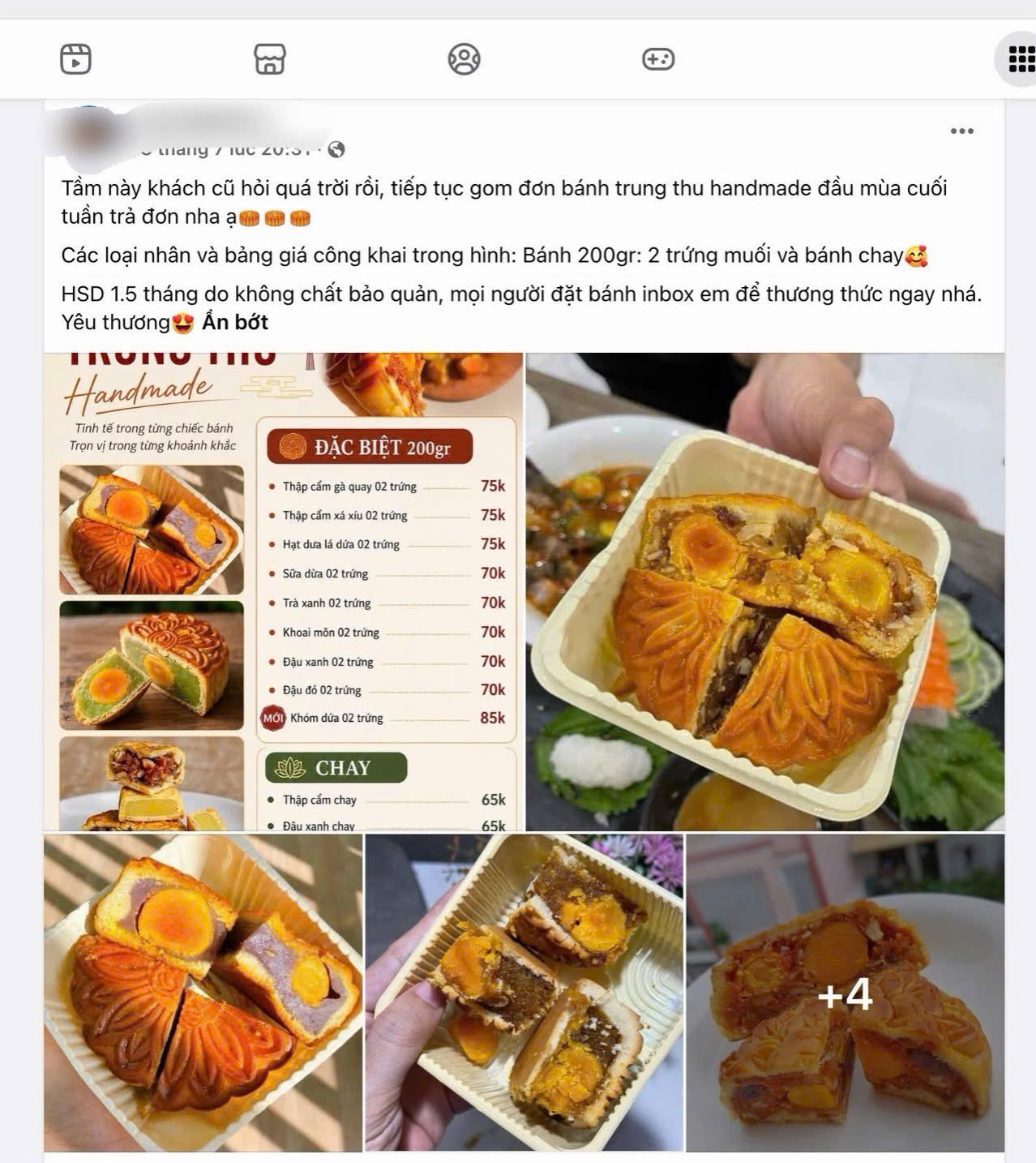 B&aacute;nh Trung thu handmade loại 200g được một t&agrave;i khoản Facebook rao b&aacute;n với nhiều mức gi&aacute; v&agrave; quảng c&aacute;o &ldquo;HSD 1,5 th&aacute;ng do kh&ocirc;ng chất bảo quản&rdquo;. (Ảnh chụp m&agrave;n h&igrave;nh)
