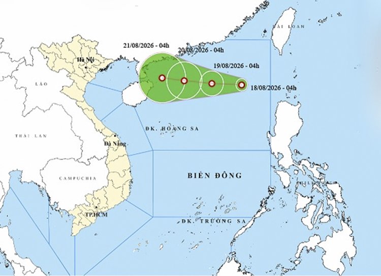 Vị tr&iacute; v&agrave; đường đi của &aacute;p thấp nhiệt đới s&aacute;ng nay. Ảnh: thoitietvietnam.gov.vn