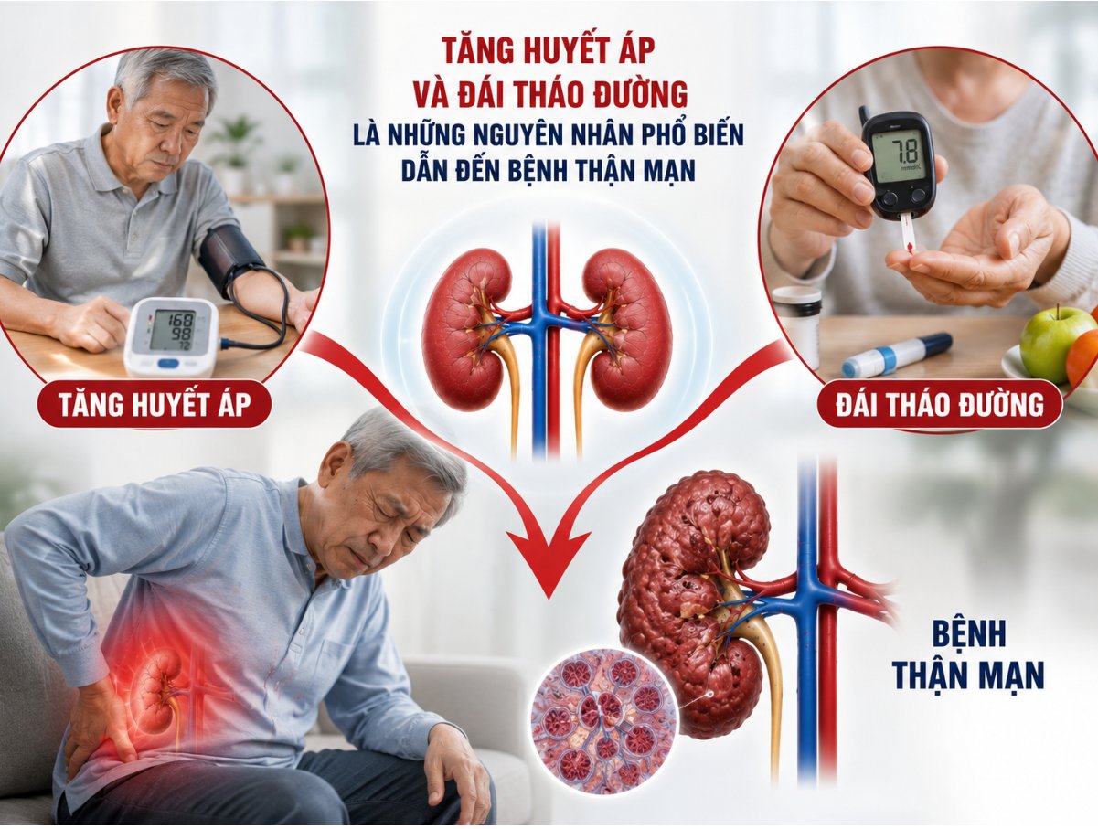 Tăng huyết &aacute;p v&agrave; đ&aacute;i th&aacute;o đường l&agrave; những nguy&ecirc;n nh&acirc;n phổ biến dẫn đến bệnh thận mạn