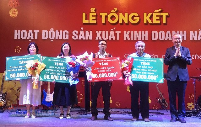 Nhiều năm qua, Chi nh&aacute;nh C&ocirc;ng ty CP Bia SG-MT tại Quy Nhơn l&agrave; một trong những DN nộp ng&acirc;n s&aacute;ch cao nhất ở địa phương. Đặc biệt, b&ecirc;n cạnh việc sản xuất kinh doanh hiệu quả, DN c&ograve;n thực hiện tốt c&ocirc;ng t&aacute;c an sinh x&atilde; hội. Trong ảnh: L&atilde;nh đạo DN (b&igrave;a phải) trao kinh ph&iacute; hỗ trợ c&aacute;c địa phương, đơn vị. Ảnh: VH