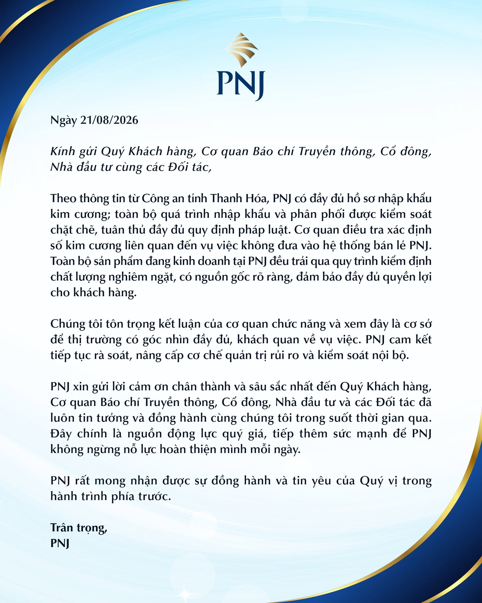Thư ngỏ được PNJ đăng tải chiều 21/8. Thư ngỏ được PNJ đăng tải chiều 21/8.