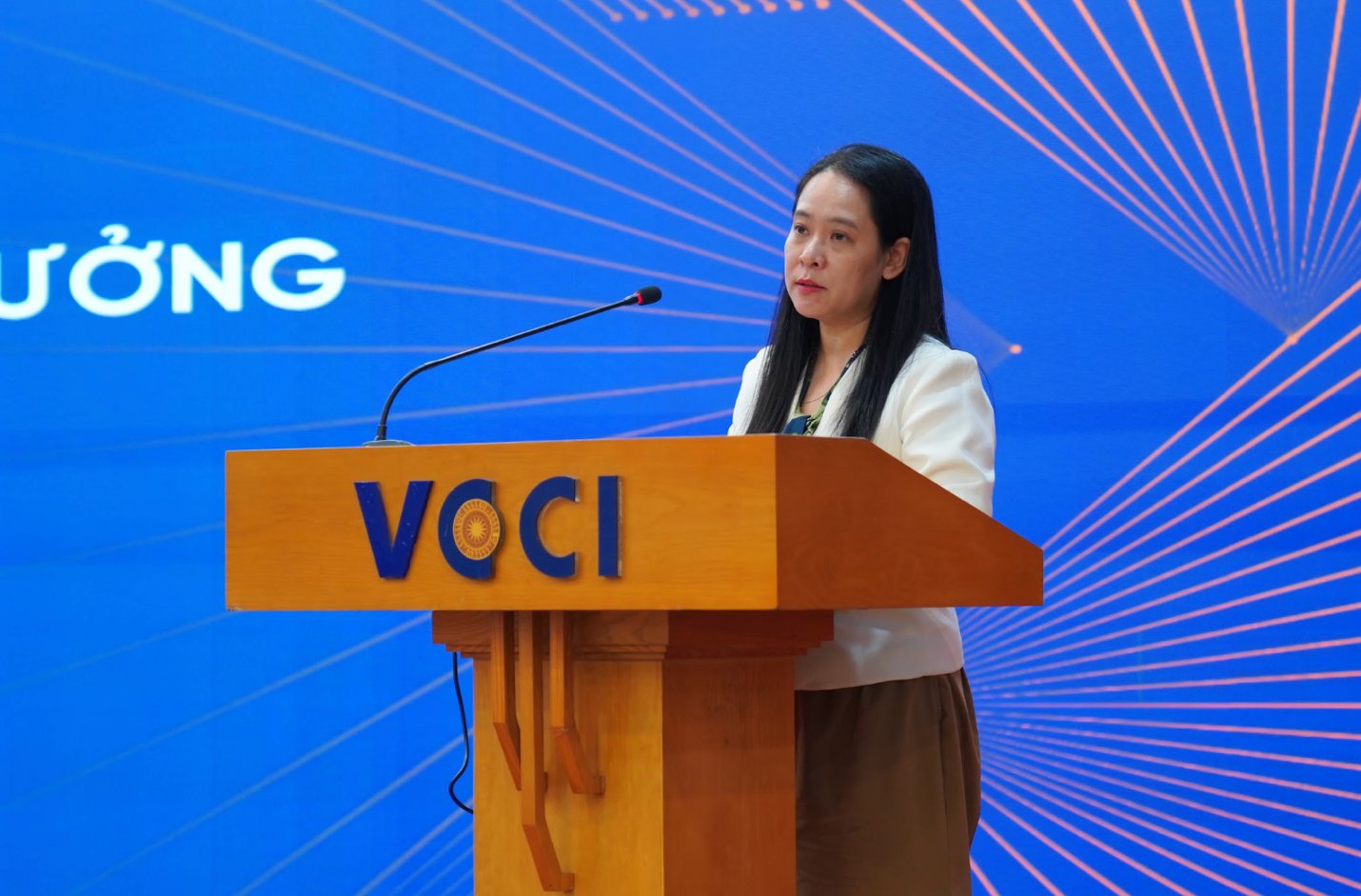 B&agrave; Cao Thị Thanh Lan, đại diện Cục Quản l&yacute;, gi&aacute;m s&aacute;t ch&iacute;nh s&aacute;ch thuế, ph&iacute; v&agrave; lệ ph&iacute; (Bộ T&agrave;i ch&iacute;nh) ph&aacute;t biểu tại hội thảo.