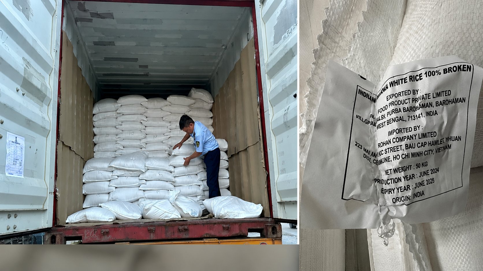 Lực lượng QLTT tỉnh Đồng Th&aacute;p ph&aacute;t hiện 26,5 tấn gạo nhập khẩu kh&ocirc;ng c&oacute; tem nh&atilde;n phụ theo quy định